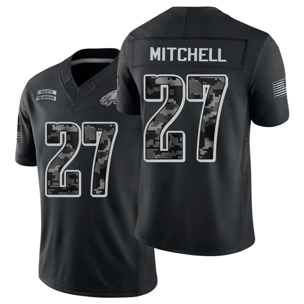 Philadelphia #27 Mitchell Player Football V Neck Short Sleeve Black Jersey Quinyon For Men Youth Women Gift
