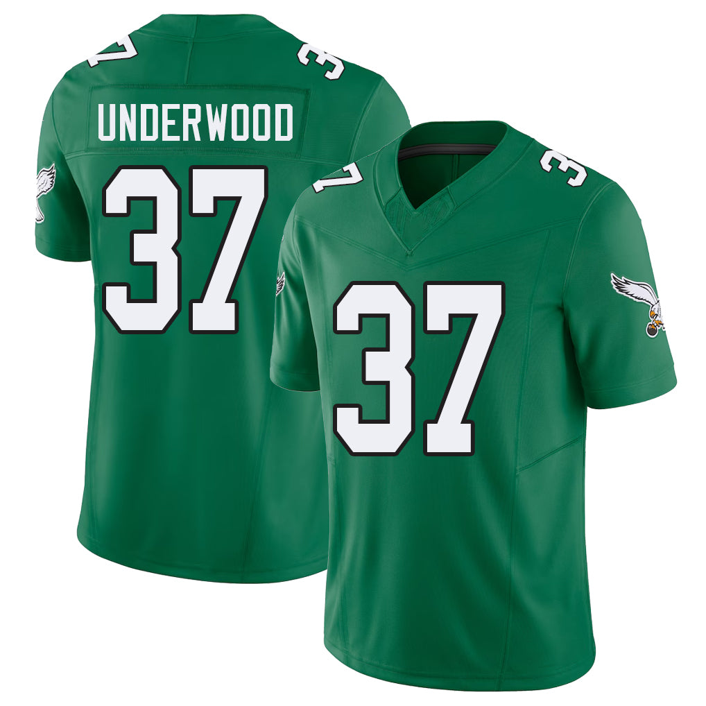 Philadelphia #37 Underwood Player Football V Neck Short Sleeve Kelly Green Jersey Rocco For Men Youth Women Gift