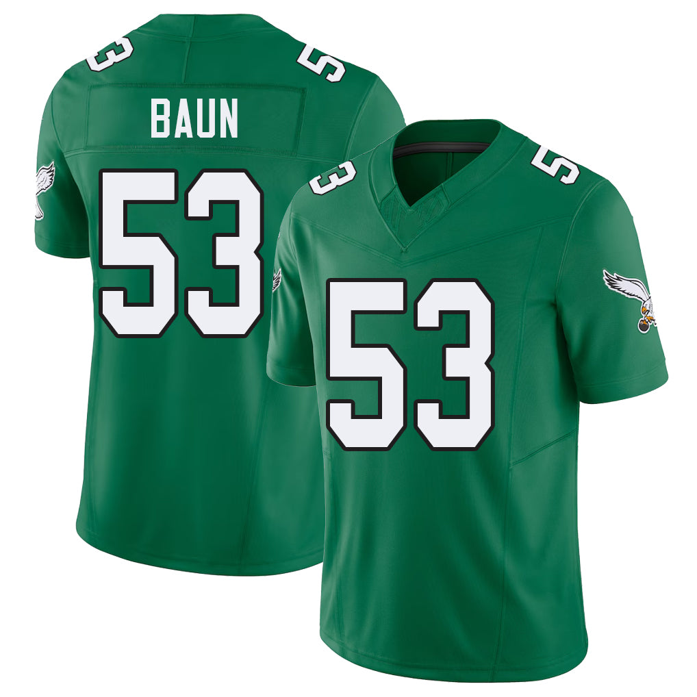 Philadelphia #53 Baun Player Football V Neck Short Sleeve Kelly Green Jersey Zack For Men Youth Women Gift