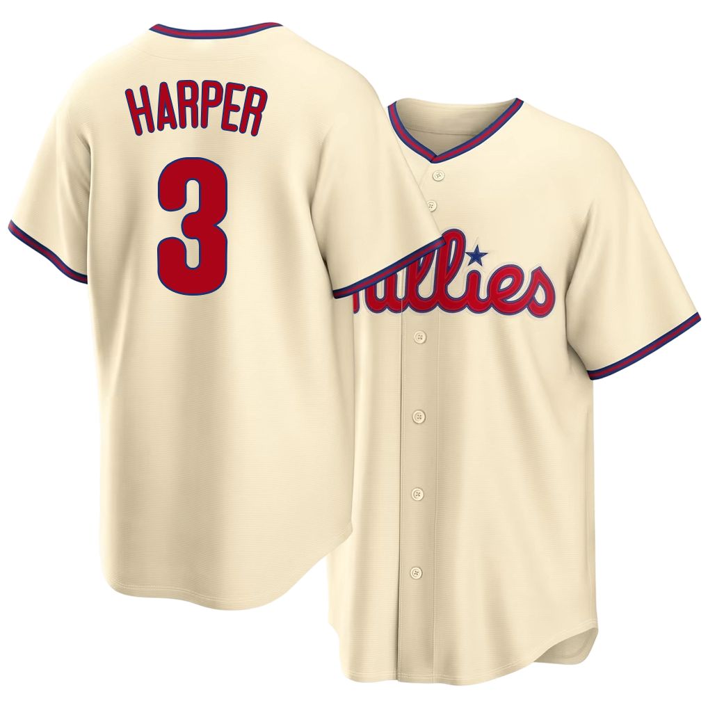 Philadelphia #3 Harper Player Baseball Short Sleeve Cream Jersey Bryce For Men Women Youth Gift