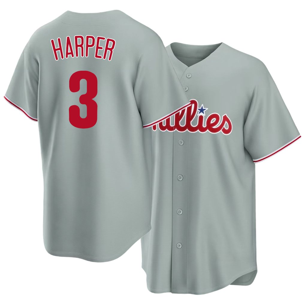 Philadelphia #3 Harper Player Baseball Short Sleeve Gray Jersey Bryce For Men Women Youth Gift