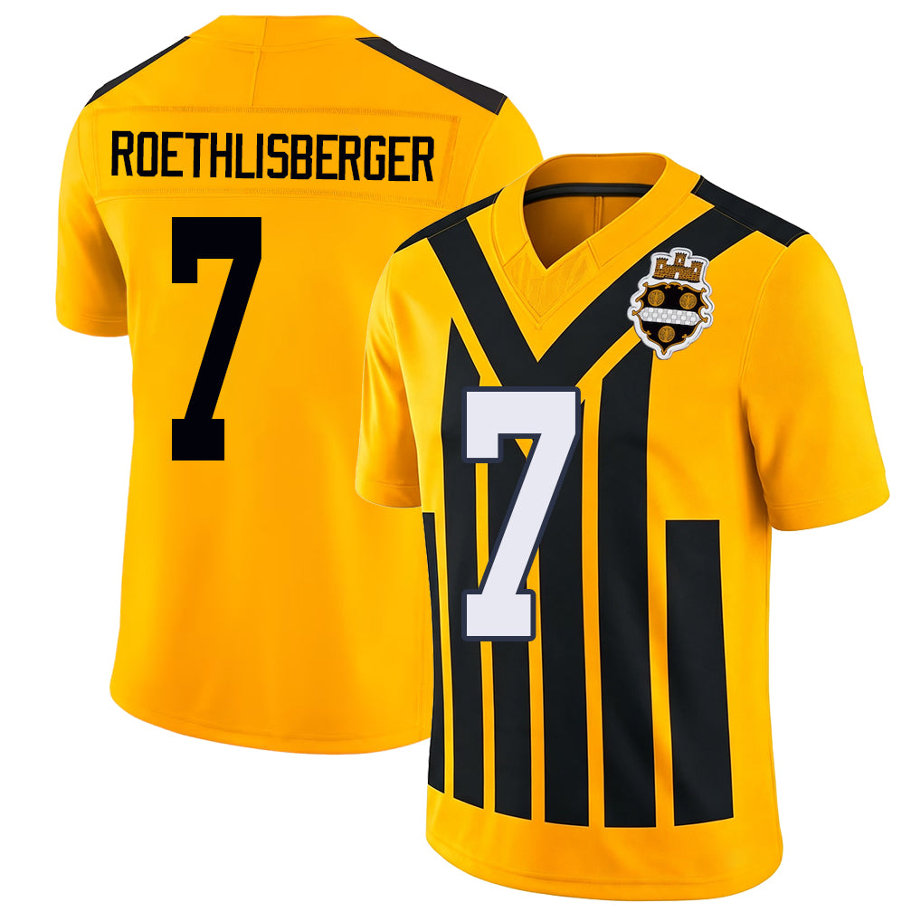 Pittsburgh #7 Roethlisberger Player Football V Neck Short Sleeve Gold Jersey Ben For Men Youth Women Gift