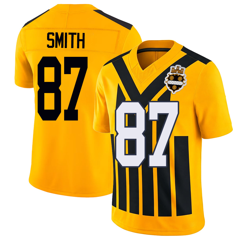 Pittsburgh #87 Smith Player Football V Neck Short Sleeve Gold Jersey Brandon For Men Youth Women Gift