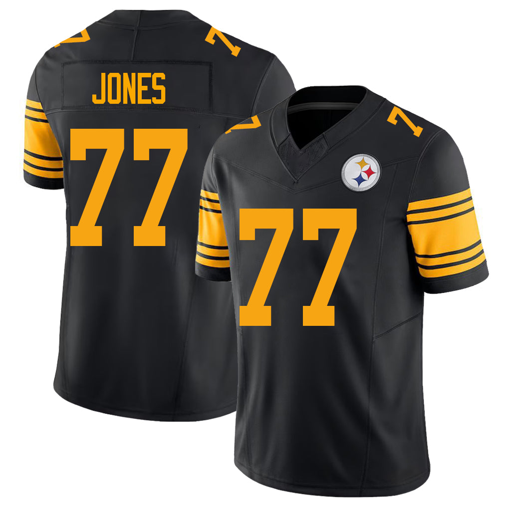 Pittsburgh #77 Jones Player Football V Neck Short Sleeve Jersey Black Broderick For Men Youth Women Gift