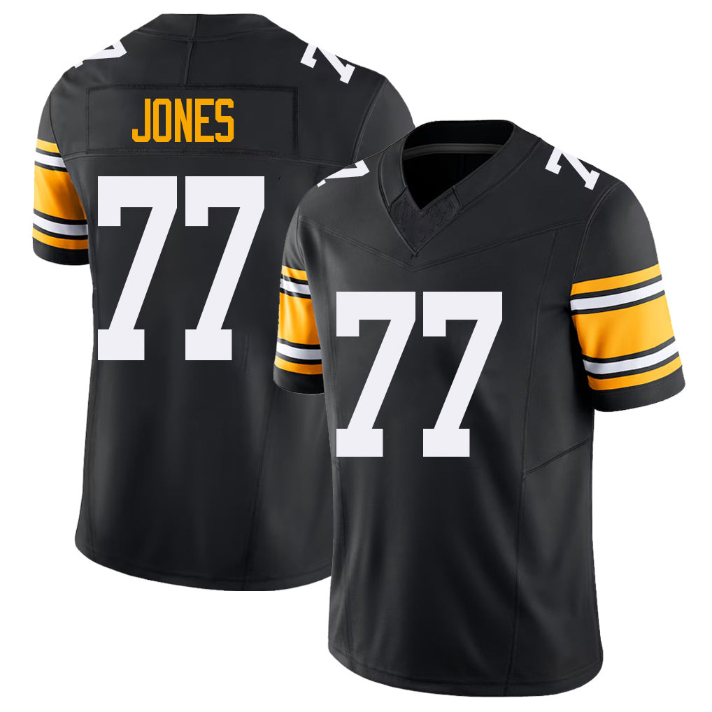 Pittsburgh #77 Jones Black Player Football V Neck Short Sleeve Jersey Broderick For Men Youth Women Gift