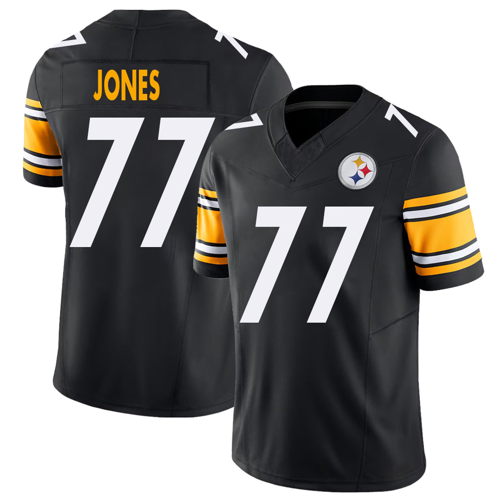 Pittsburgh #77 Jones Player Football V Neck Short Sleeve Black Jersey Broderick For Men Youth Women Gift