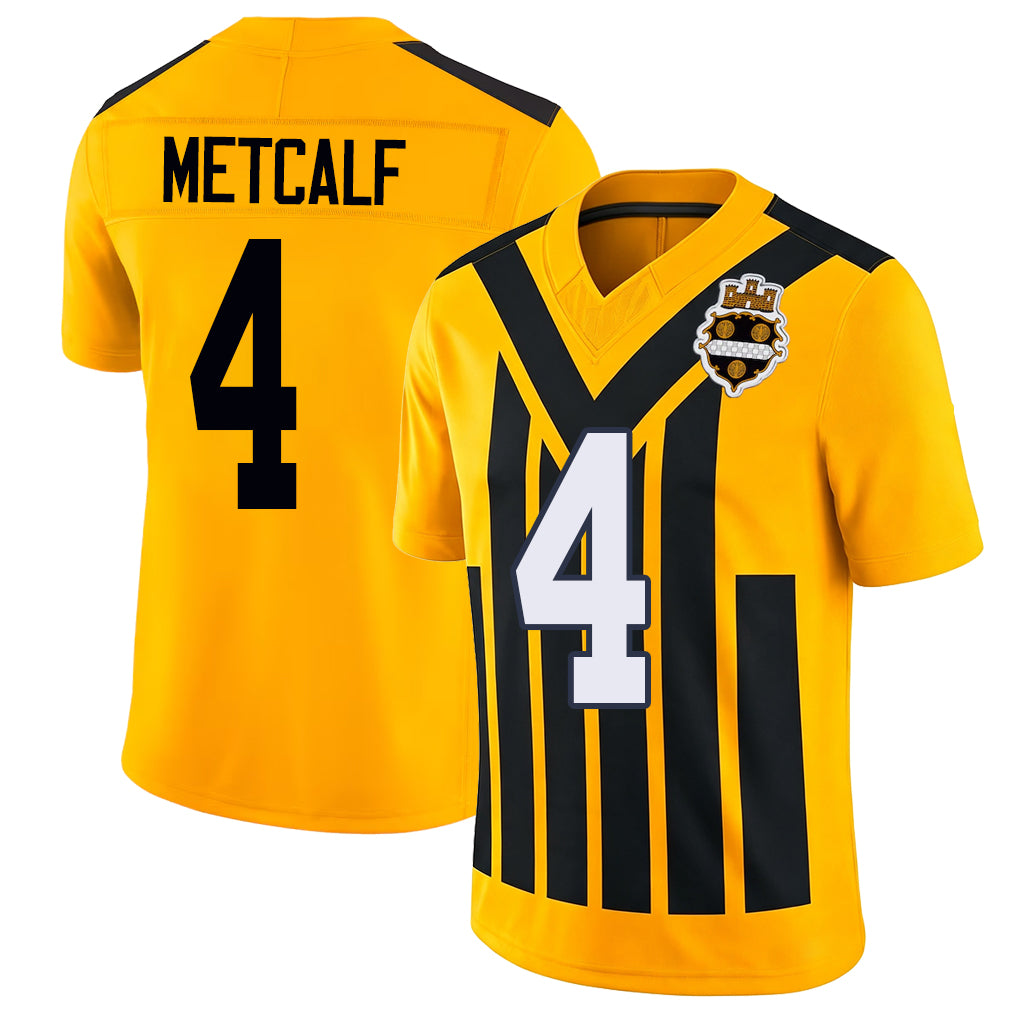 Pittsburgh #4 Metcalf Player Football V Neck Short Sleeve Gold Jersey DK For Men Youth Women Gift
