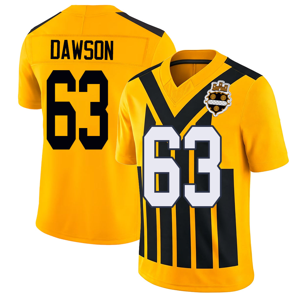 Pittsburgh #63 Dawson Player Football V Neck Short Sleeve Gold Jersey Dermontti For Men Youth Women Gift