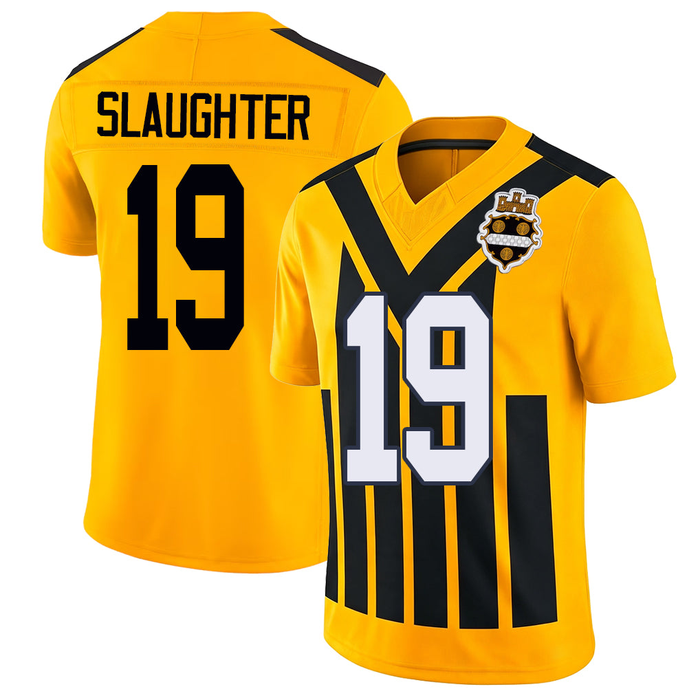 Pittsburgh #19 Slaughter Player Football V Neck Short Sleeve Gold Jersey Doneiko For Men Youth Women Gift