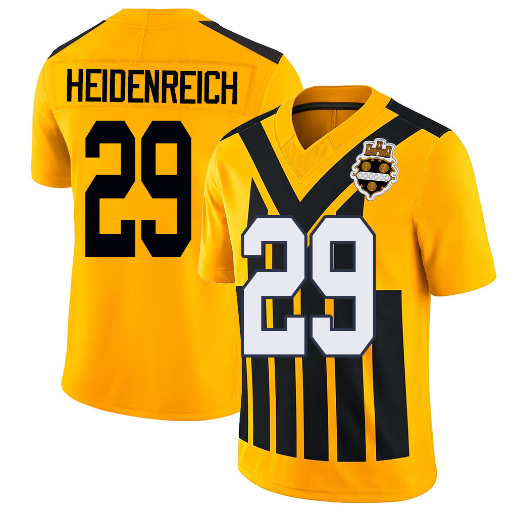 Pittsburgh #29 Heidenreich Player Football V Neck Short Sleeve Gold Jersey Eli For Men Youth Women Gift