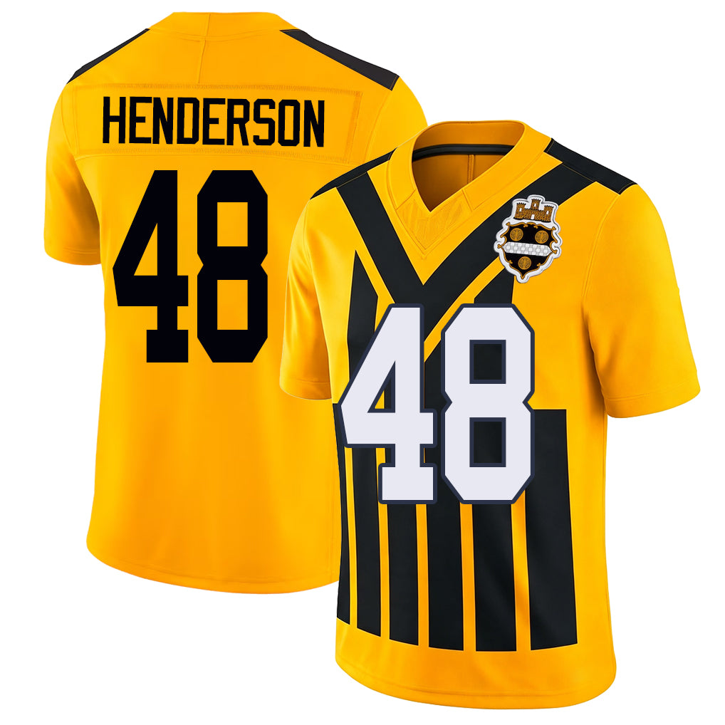 Pittsburgh #48 Henderson Player Football V Neck Short Sleeve Gold Jersey Jack For Men Youth Women Gift