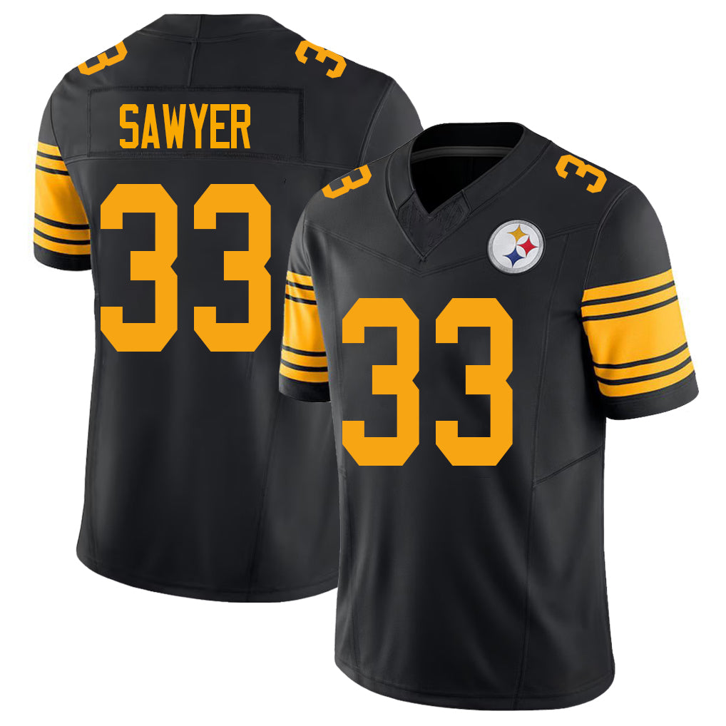 Pittsburgh #33 Sawyer Player Football V Neck Short Sleeve Jersey Black Jack For Men Youth Women Gift