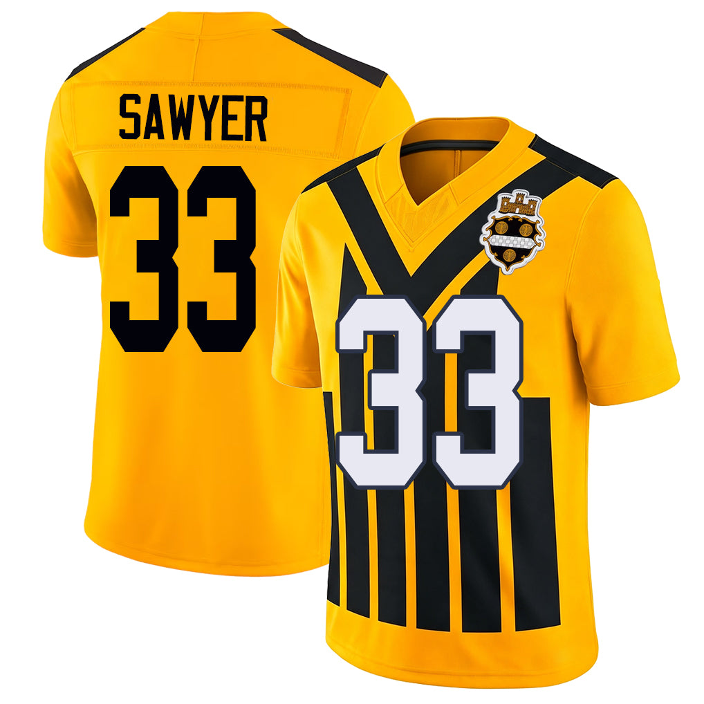 Pittsburgh #33 Sawyer Player Football V Neck Short Sleeve Gold Jersey Jack For Men Youth Women Gift