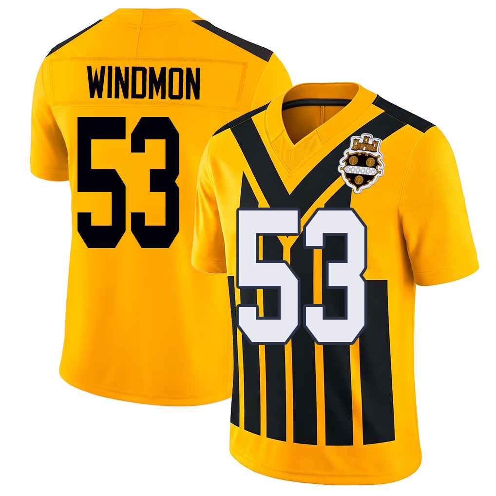 Pittsburgh #53 Windmon Player Football V Neck Short Sleeve Gold Jersey Jacoby For Men Youth Women Gift
