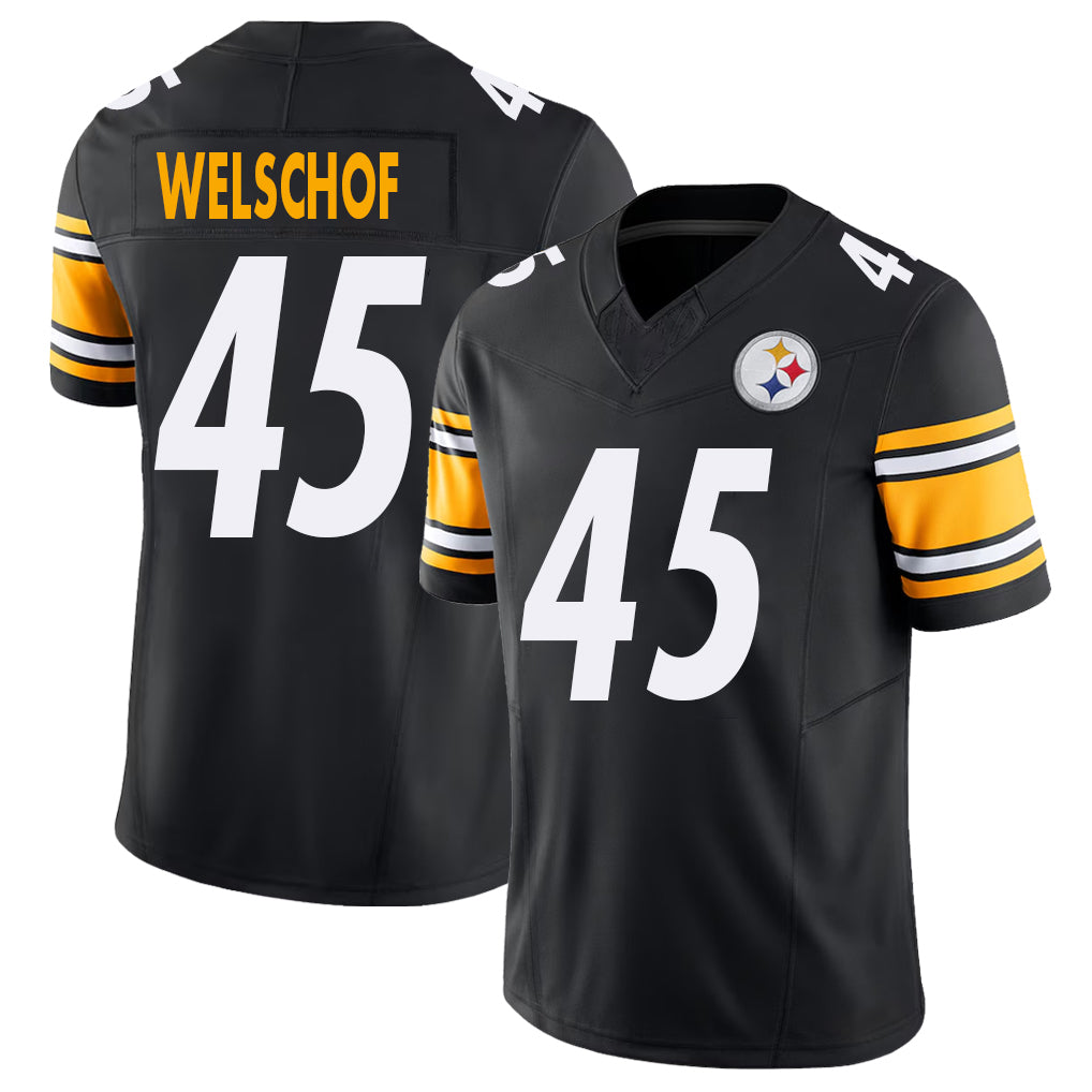 Pittsburgh #45 Welschof Player Football V Neck Short Sleeve Black Jersey Julius For Men Youth Women Gift