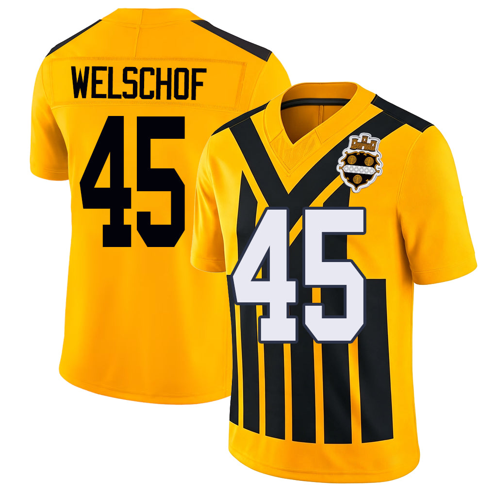 Pittsburgh #45 Welschof Player Football V Neck Short Sleeve Gold Jersey Julius For Men Youth Women Gift