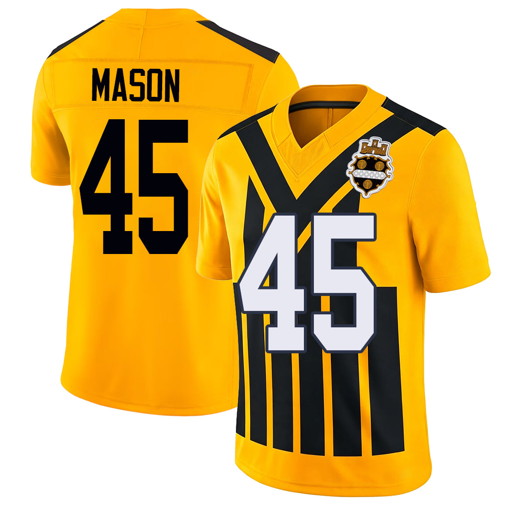 Pittsburgh #45 Mason Player Football V Neck Short Sleeve Gold Jersey Lance For Men Youth Women Gift