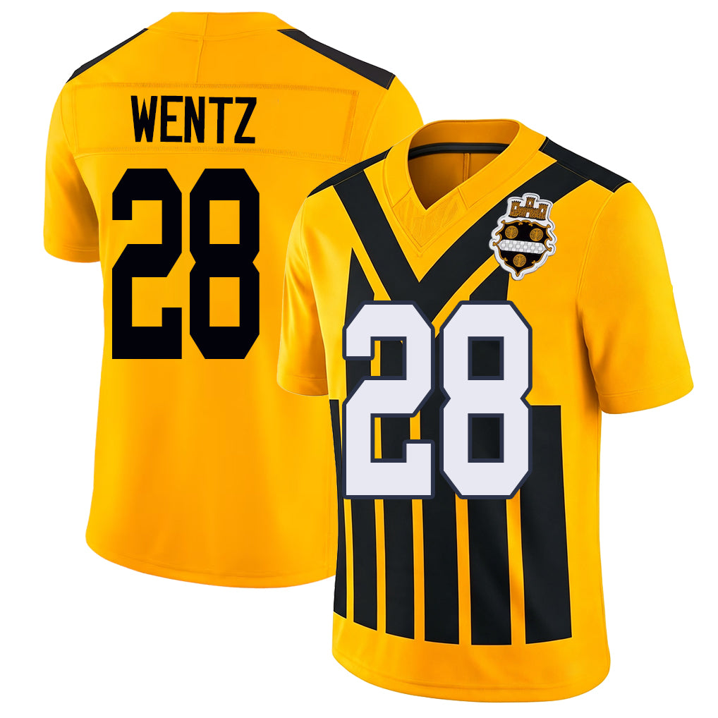 Pittsburgh #28 Wentz Player Football V Neck Short Sleeve Gold Jersey Levi For Men Youth Women Gift