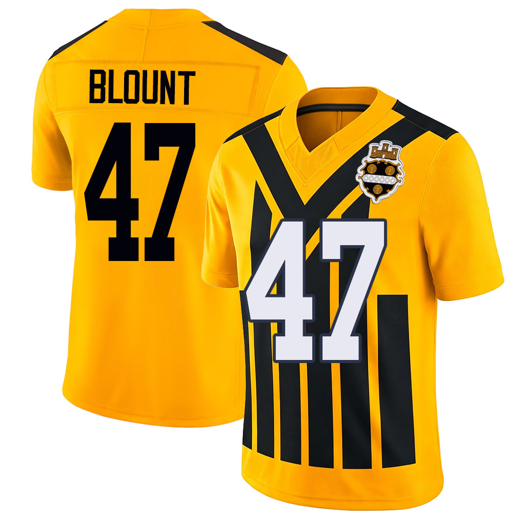 Pittsburgh #47 Blount Player Football V Neck Short Sleeve Gold Jersey Mel For Men Youth Women Gift