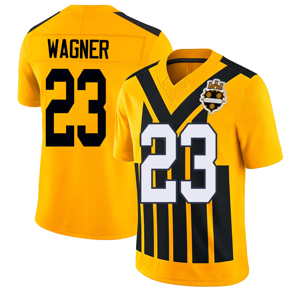 Pittsburgh #23 Wagner Player Football V Neck Short Sleeve Gold Jersey Mike For Men Youth Women Gift