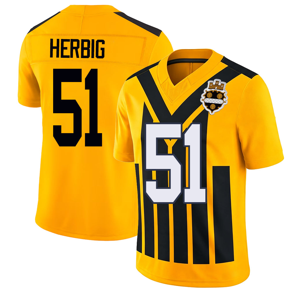 Pittsburgh #51 Herbig Player Football V Neck Short Sleeve Gold Jersey Nick For Men Youth Women Gift