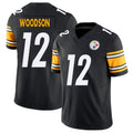 Pittsburgh #12 Woodson Player Football V Neck Short Sleeve Black Jersey Rod For Men Youth Women Gift