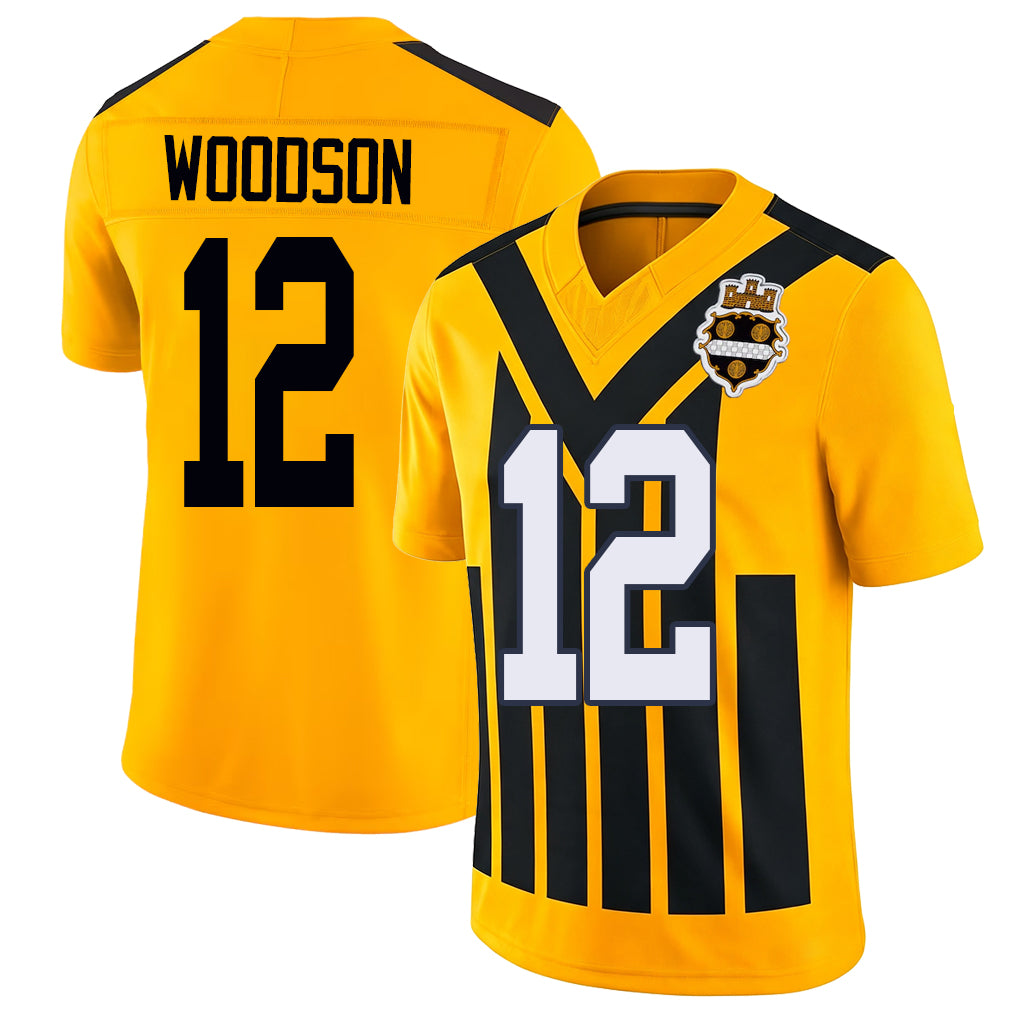 Pittsburgh #12 Woodson Player Football V Neck Short Sleeve Gold Jersey Rod For Men Youth Women Gift