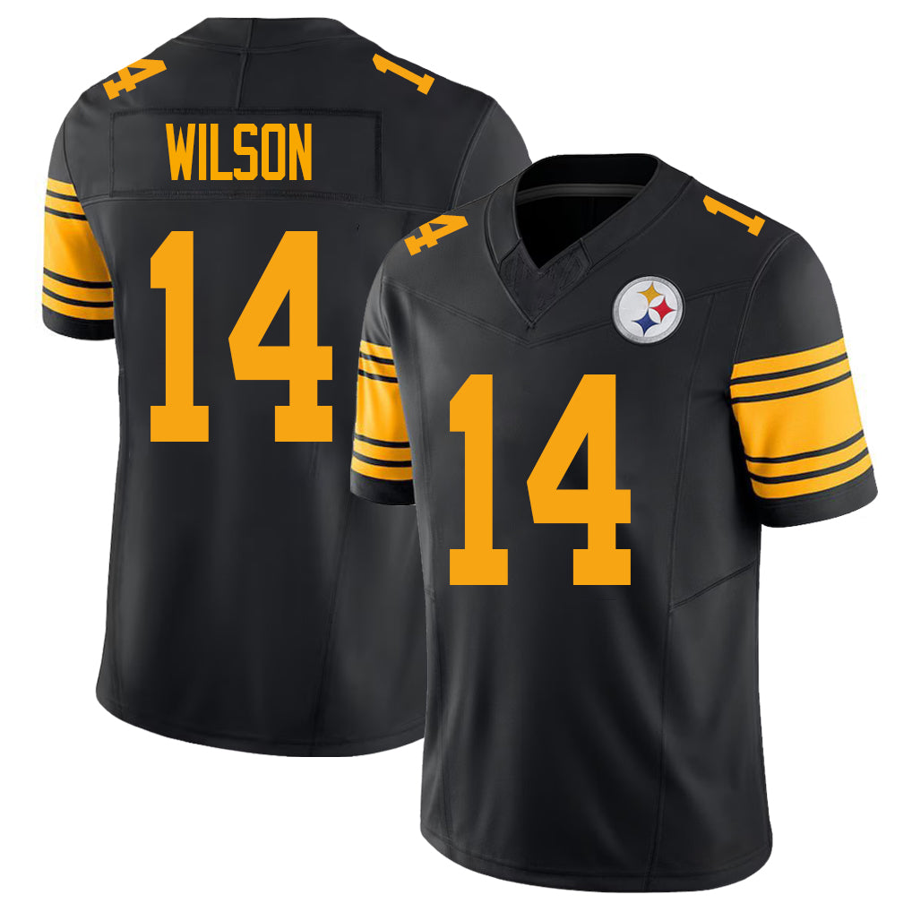 Pittsburgh #14 Wilson Player Football V Neck Short Sleeve Jersey Black Roman For Men Youth Women Gift