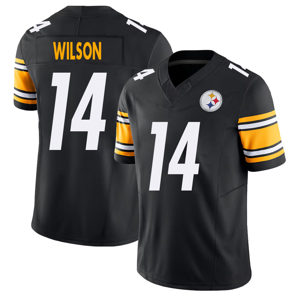 Pittsburgh #14 Wilson Player Football V Neck Short Sleeve Black Jersey Roman For Men Youth Women Gift