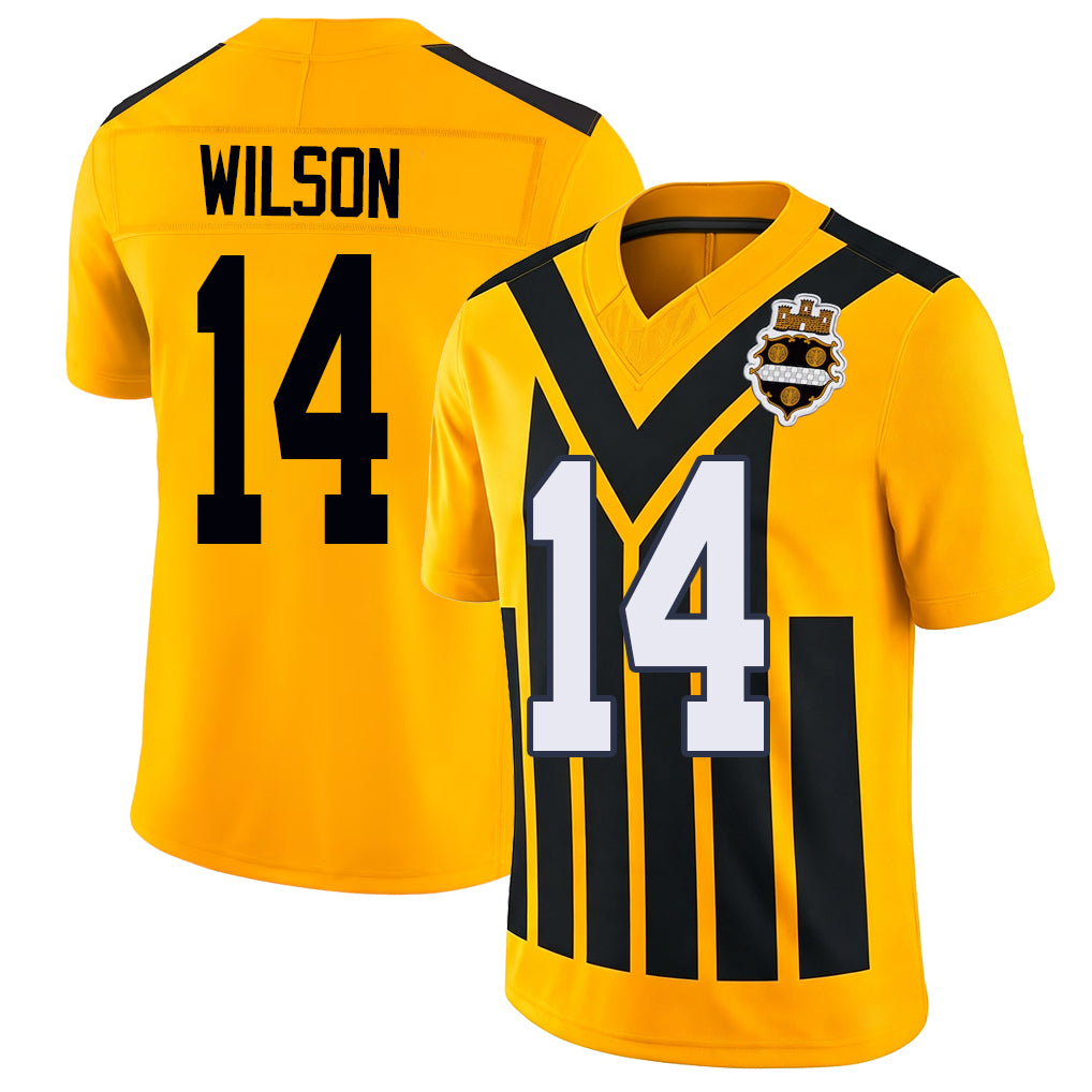 Pittsburgh #14 Wilson Player Football V Neck Short Sleeve Gold Jersey Roman For Men Youth Women Gift