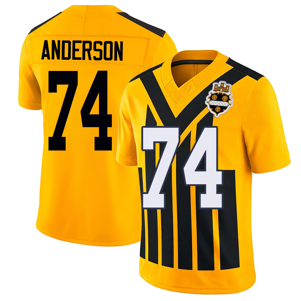 Pittsburgh #74 Anderson Player Football V Neck Short Sleeve Gold Jersey Spencer For Men Youth Women Gift