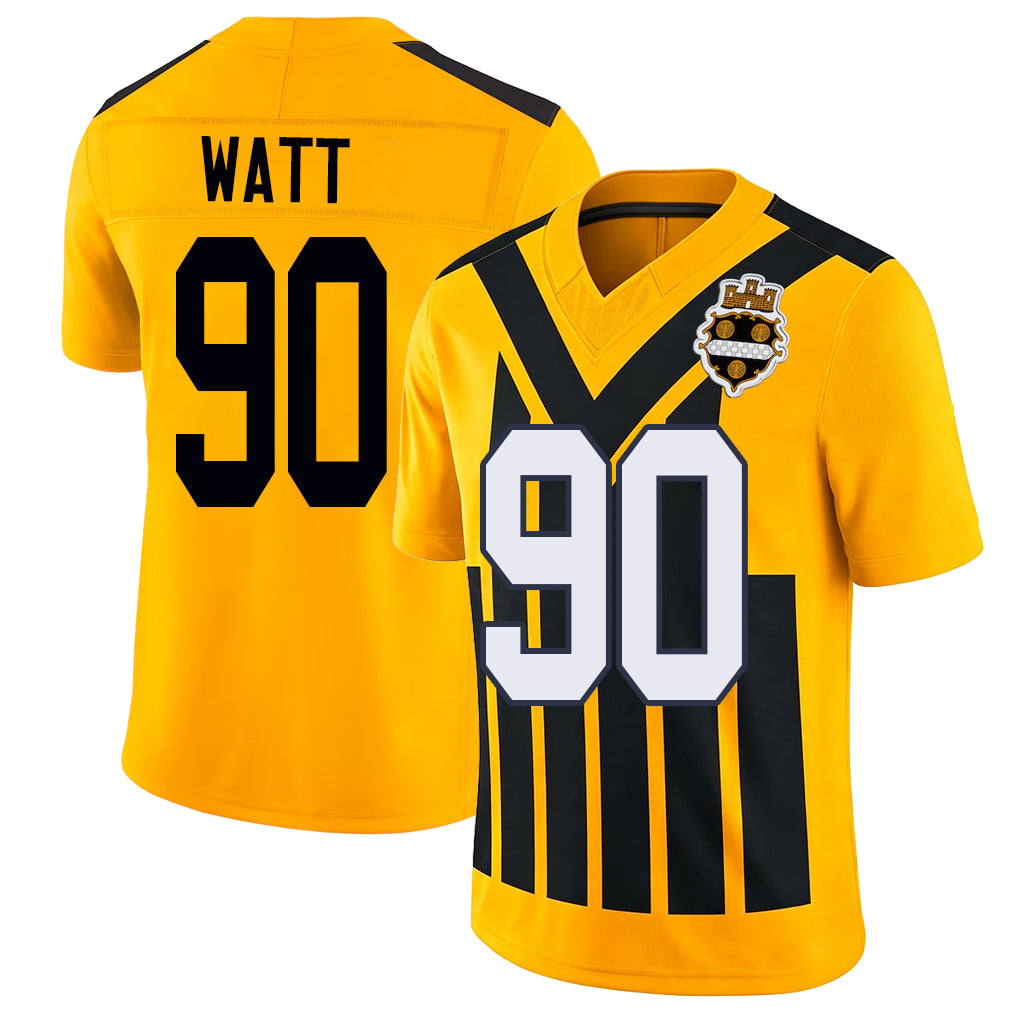 Pittsburgh #90 Watt Player Football V Neck Short Sleeve Gold Jersey T.J. For Men Youth Women Gift