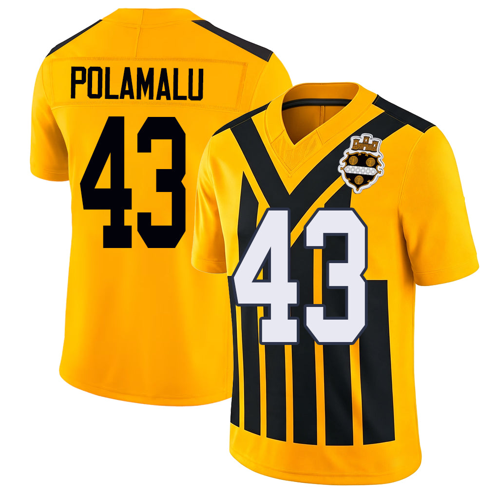 Pittsburgh #43 Polamalu Player Football V Neck Short Sleeve Gold Jersey Troy For Men Youth Women Gift