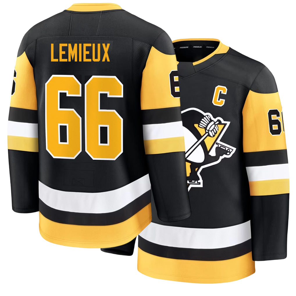 Mens Pittsburgh #66 Lemieux Player Ice hockey Long Sleeve Black Mario Jersey