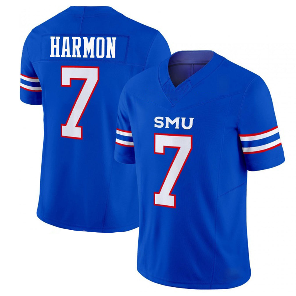 SMU #7 Harmon Player College Football V Neck Short Sleeve Blue Jersey Deuce For Men Youth Women