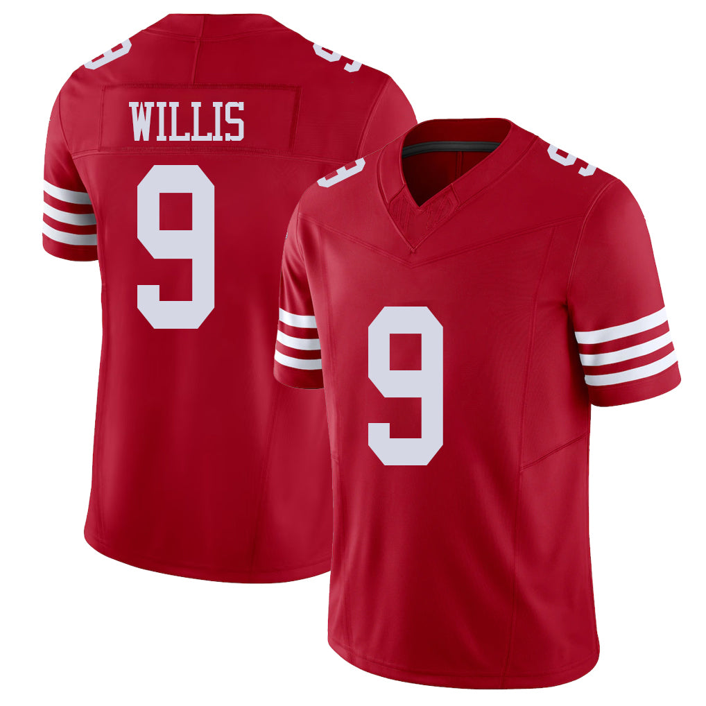 San Francisco #9 Willis Player Football V Neck Short Sleeve Scarlet Jersey Brayden For Men Youth Women Gift