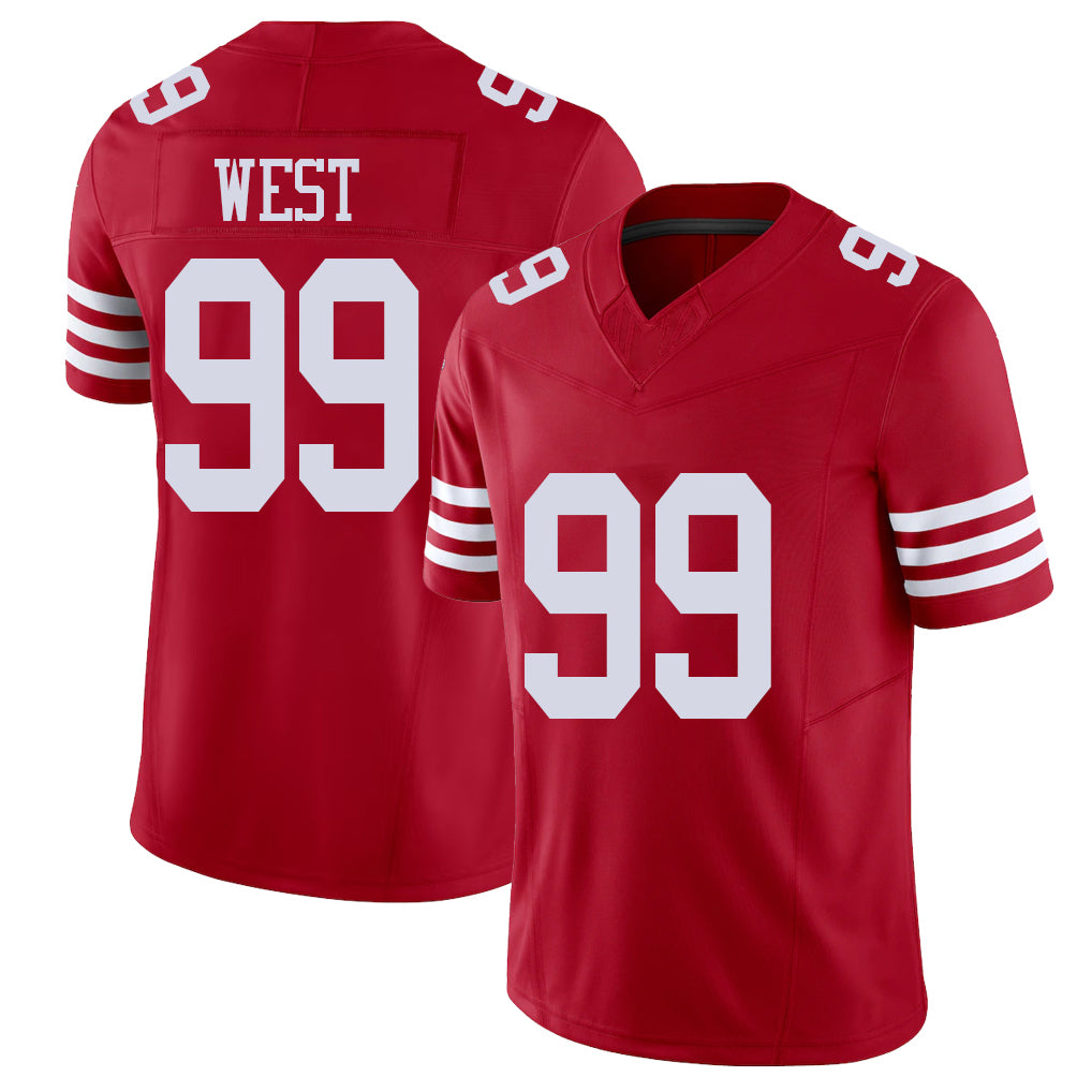 San Francisco #99 West Player Football V Neck Short Sleeve Scarlet Jersey CJ For Men Youth Women Gift