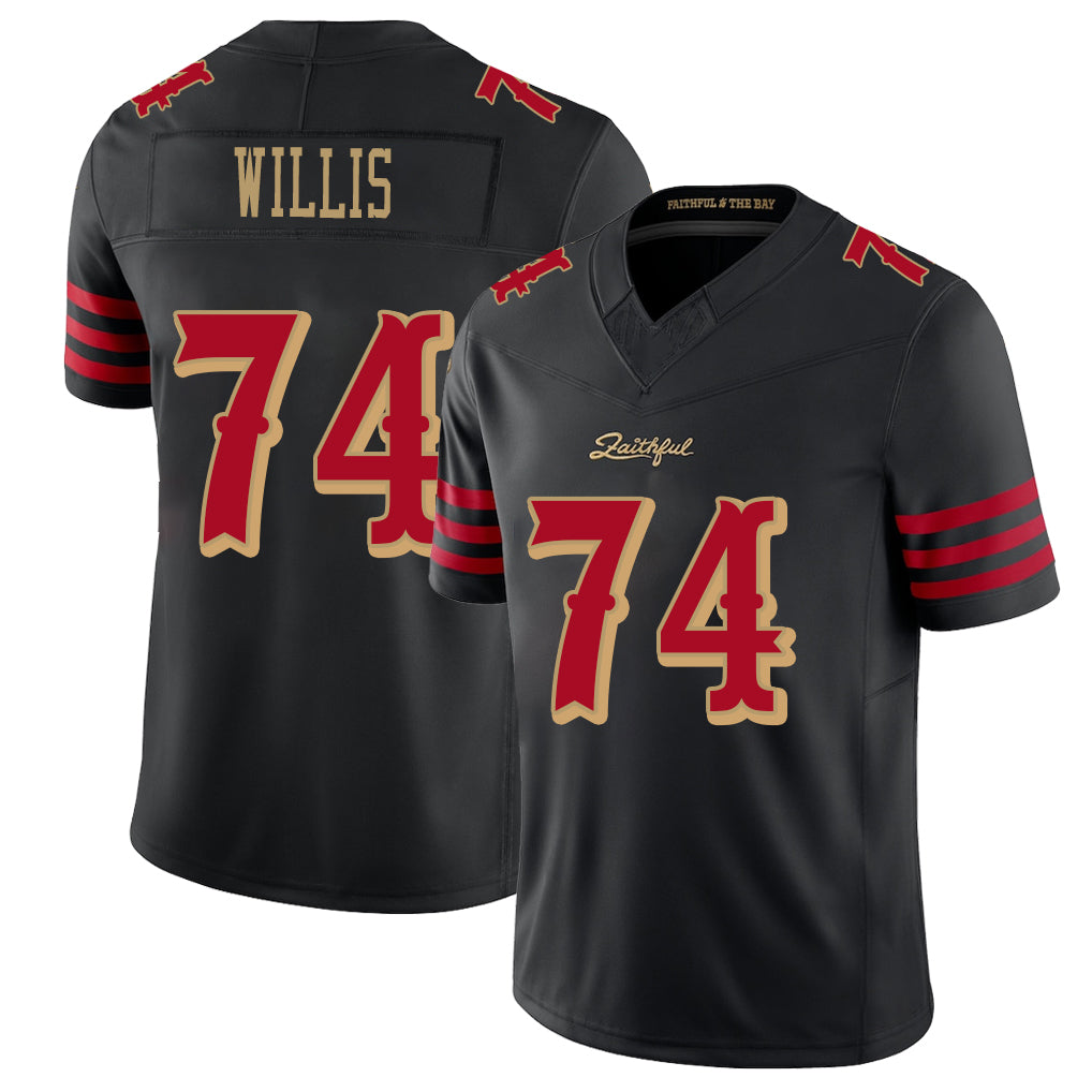 San Francisco #74 Willis Player Football V Neck Short Sleeve Black Jersey Carver For Men Youth Women Gift