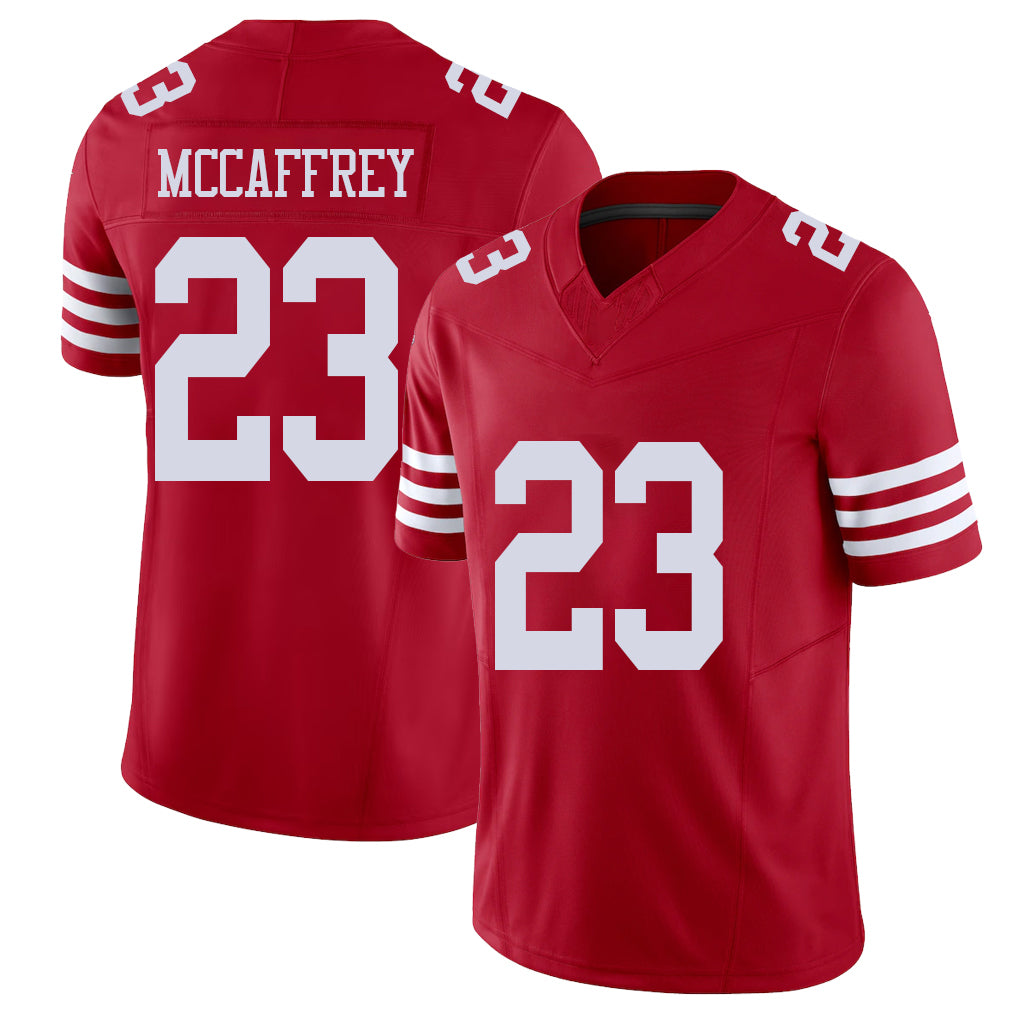 San Francisco #23 McCaffrey Player Football V Neck Short Sleeve Scarlet Jersey Christian For Men Youth Women Gift
