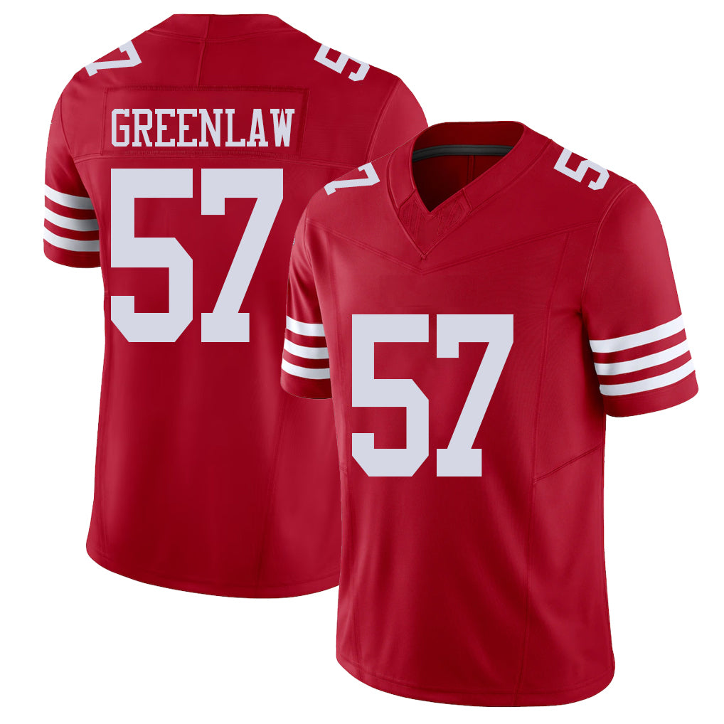 San Francisco #57 Greenlaw Player Football V Neck Short Sleeve Scarlet Jersey Dre For Men Youth Women Gift