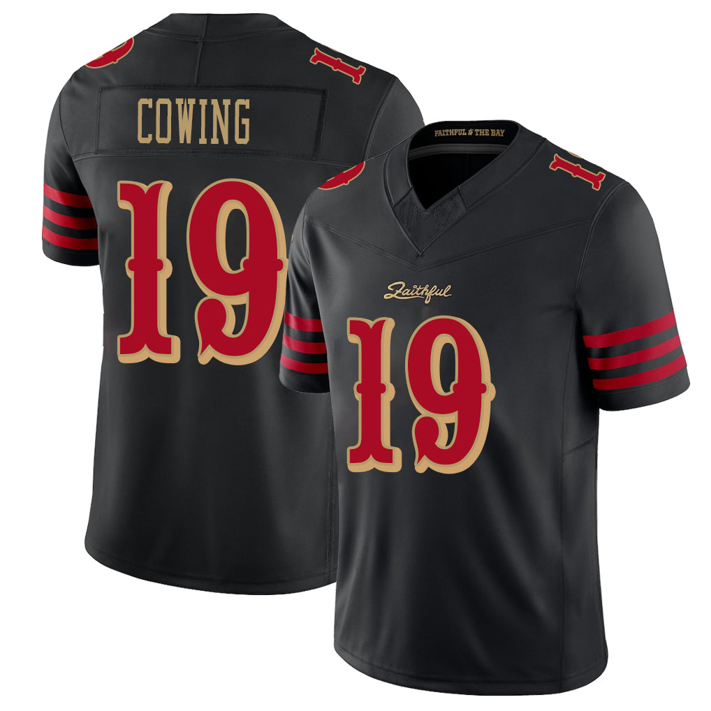 San Francisco #19 Cowing Player Football V Neck Short Sleeve Black Jersey Jacob For Men Youth Women Gift