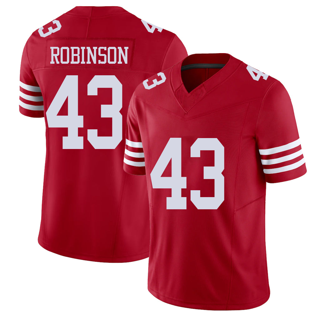 San Francisco #43 Robinson Player Football V Neck Short Sleeve Scarlet Jersey Jakob For Men Youth Women Gift