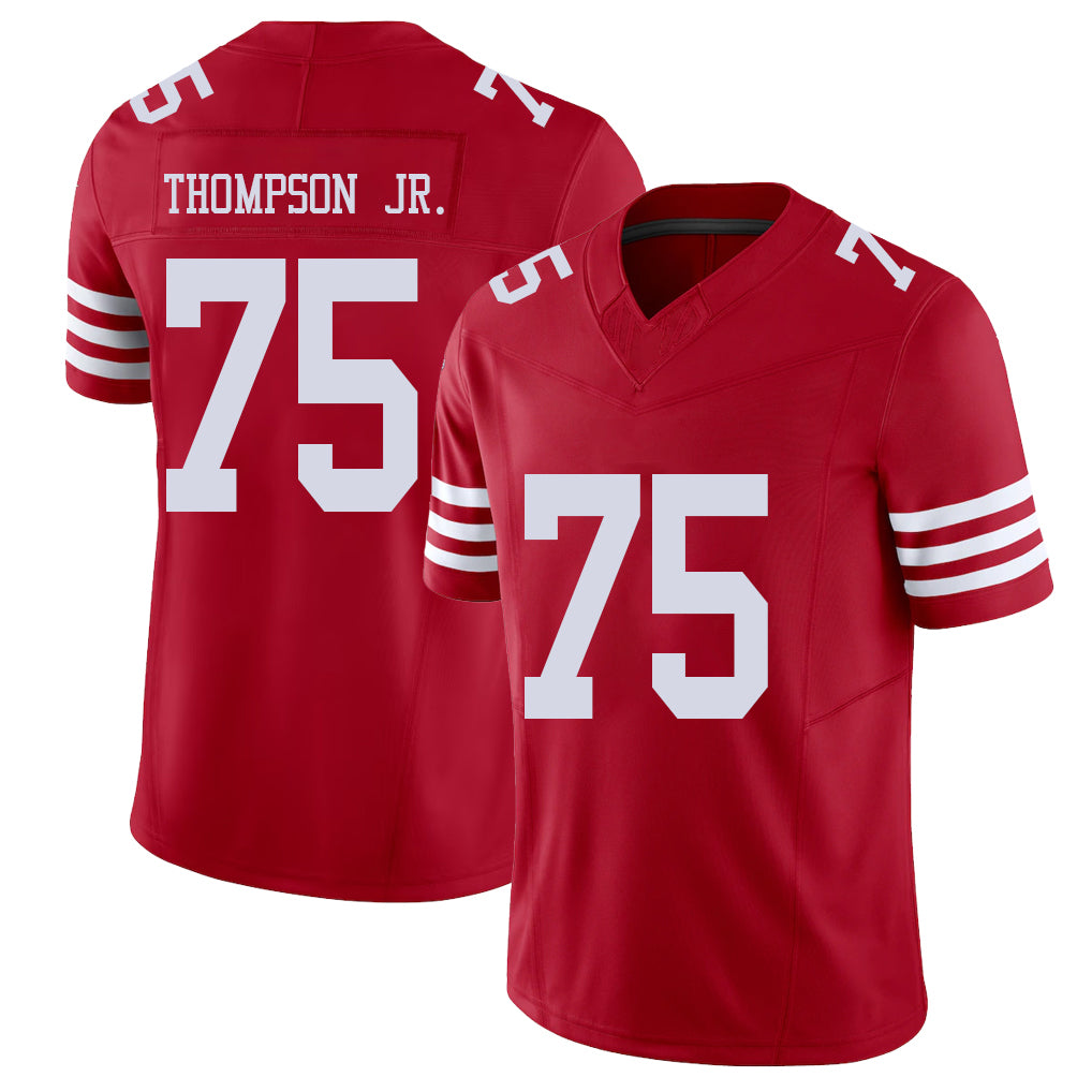 San Francisco #75 Thompson Jr. Player Football V Neck Short Sleeve Scarlet Jersey James For Men Youth Women Gift