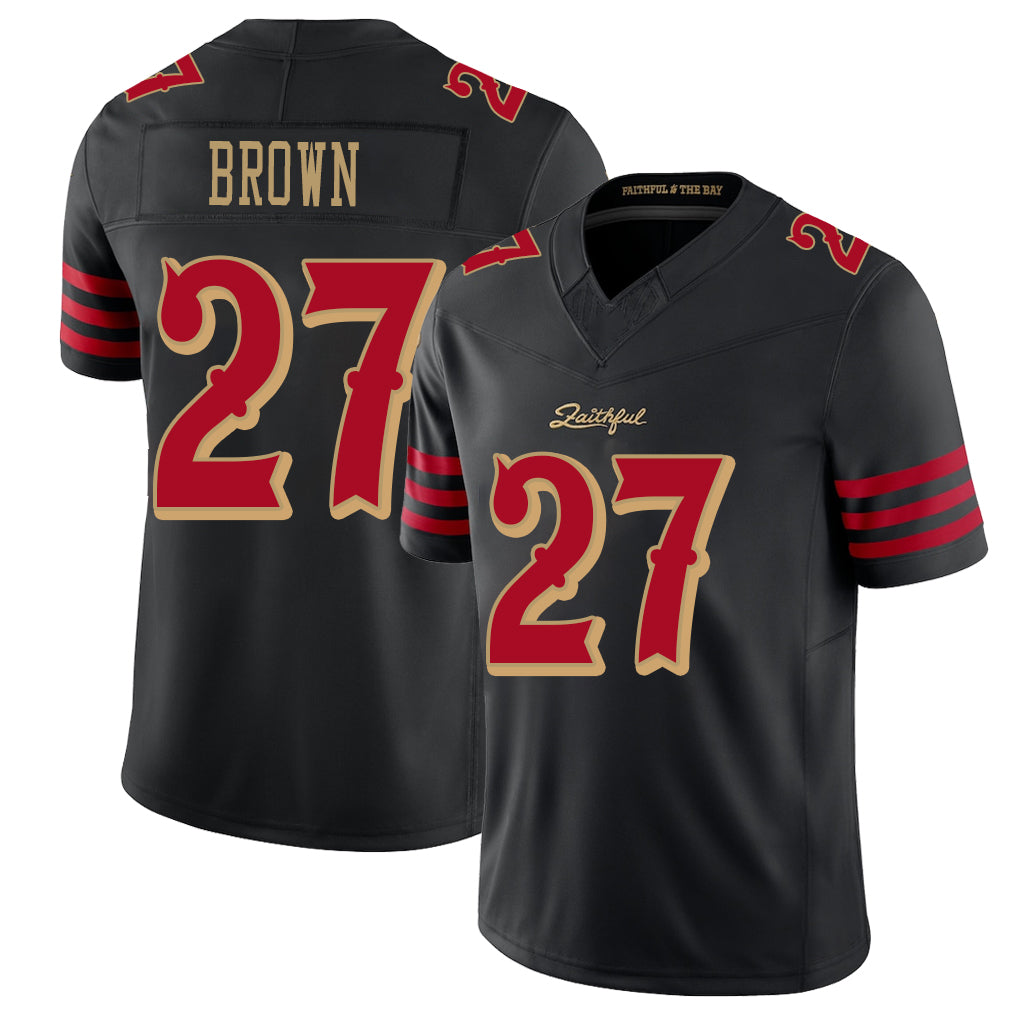 San Francisco #27 Brown Player Football V Neck Short Sleeve Black Jersey Ji'Ayir For Men Youth Women Gift