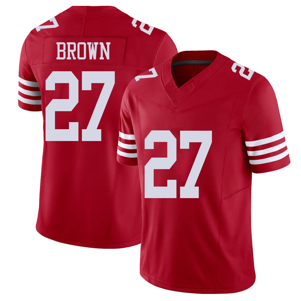 San Francisco #27 Brown Player Football V Neck Short Sleeve Scarlet Jersey Ji'Ayir For Men Youth Women Gift