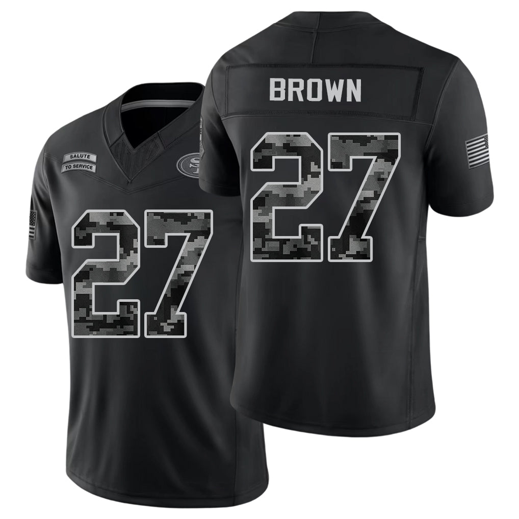 San Francisco #27 Brown Player Football V Neck Short Sleeve Black Jersey Ji'Ayir For Men Youth Women Gift