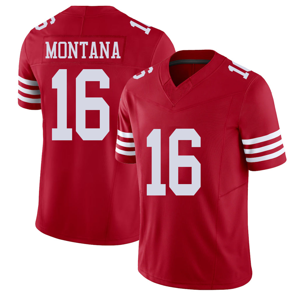 San Francisco #16 Montana Player Football V Neck Short Sleeve Scarlet Jersey Joe For Men Youth Women Gift