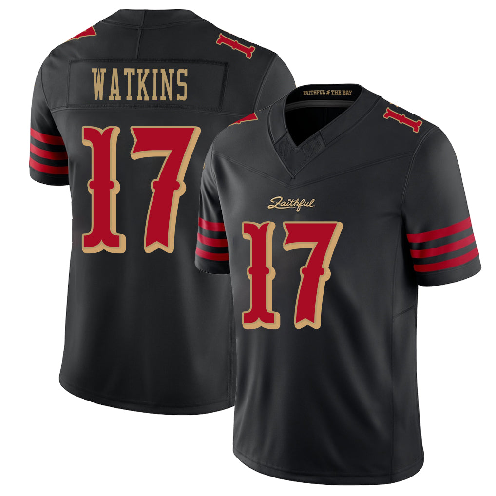 San Francisco #17 Watkins Player Football V Neck Short Sleeve Black Jersey Jordan For Men Youth Women Gift