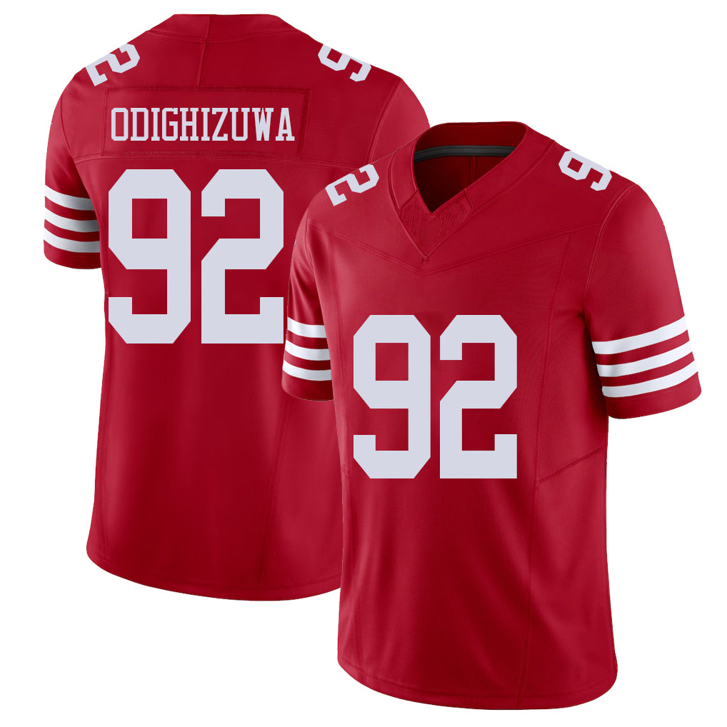 San Francisco #92 Odighizuwa Player Football V Neck Short Sleeve Scarlet Jersey Osa For Men Youth Women Gift