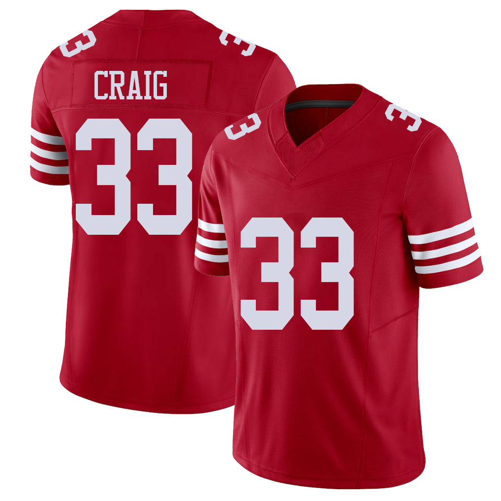 San Francisco #33 Craig Player Football V Neck Short Sleeve Scarlet Jersey Roger For Men Youth Women Gift